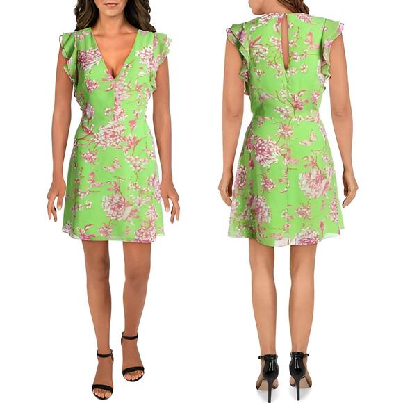 Jay Godfrey Ruffled Flutter Sleeve V-Neck Floral Mini Dress Green Pink Size 2 - Picture 1 of 5
